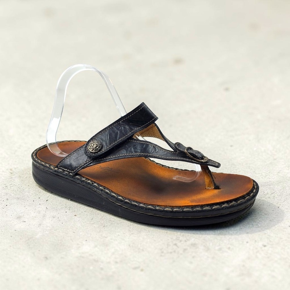 Finn Comfort Black Leather Thong Sandals Removable Footbed Womens 41 - Picture 1 of 7